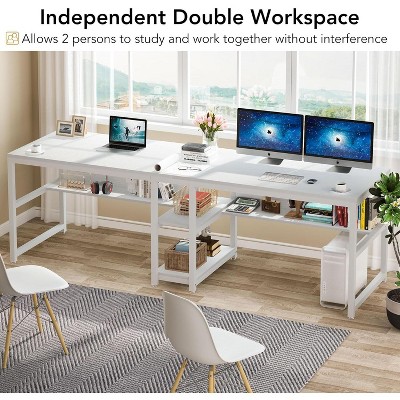 White Double Workstation Desk with Bookshelf and Storage Shelves
