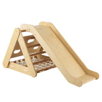 Costway 4 in 1 Wooden Climbing Triangle Set Triangle Climber w/ Ramp Natural