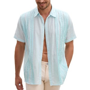 Men's Cotton Linen Shirts Relaxed Fit Short Sleeve Beach Button Down Shirt Button Up Pleats Guayabera Shirts - 1 of 4