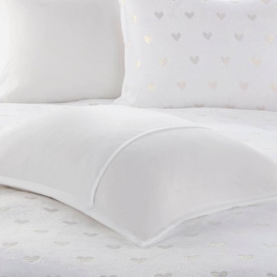 White and Gold Twin Microfiber Plush Comforter Set with Heart Print