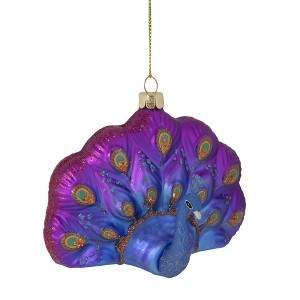 Northlight Sitting Glittered Peacock Glass Christmas Ornament - 4.25" - Purple - 1 of 4