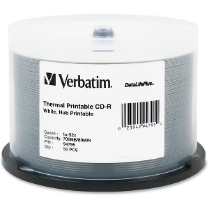 Verbatim CD-R 700MB 52X DataLifePlus White Thermal Printable, Hub Printable - 50pk Spindle - Printable - Thermal Printable - 1 of 2