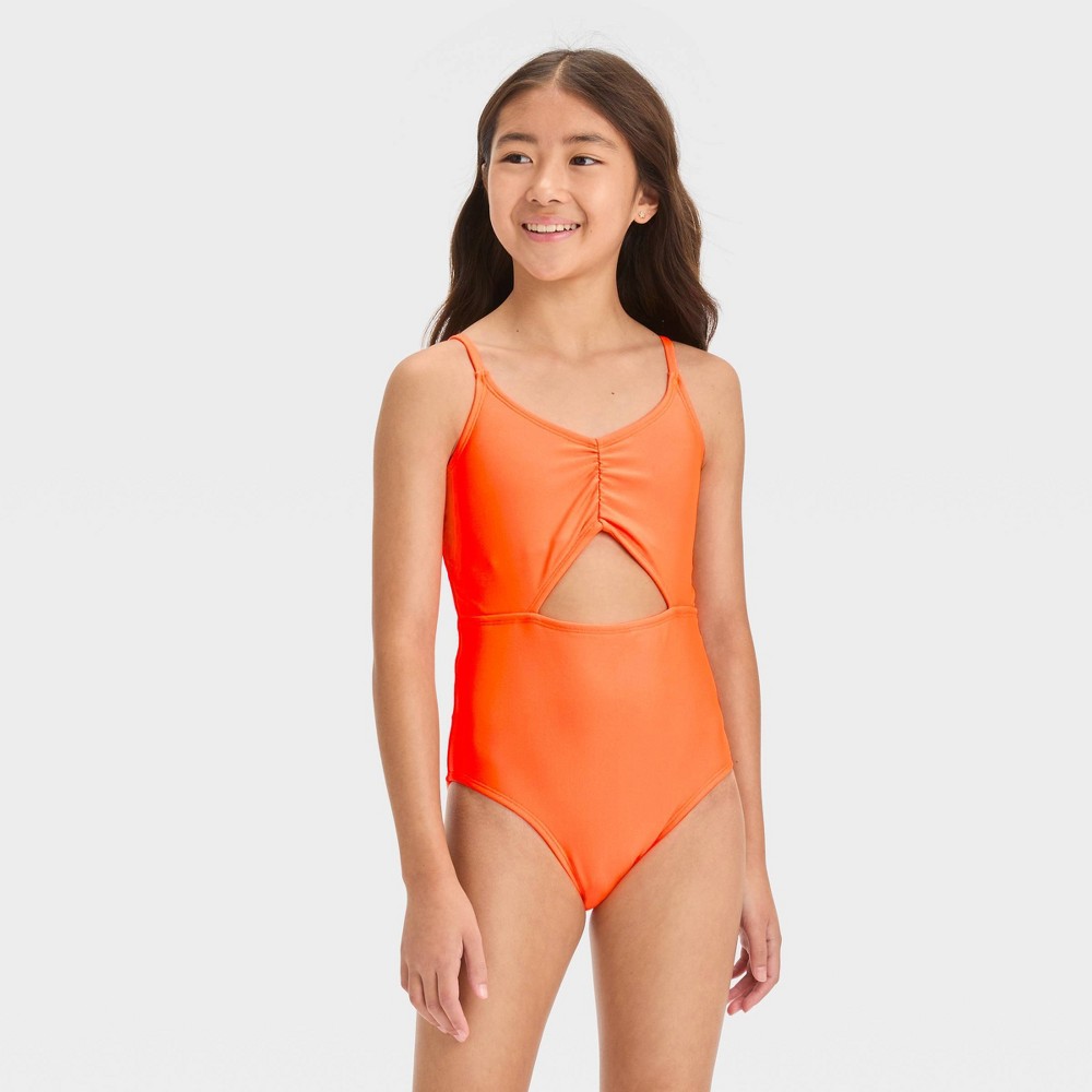 Photos - Swimwear Girls' 'Free Spirit' Solid One Piece Swimsuit - art class™ Orange XS pool