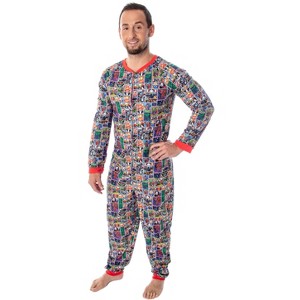 Marvel Unisex Adult Comic Character Grid Print One Piece Pajama Union Suit Multi - 1 of 4