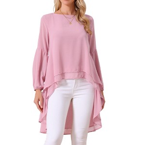Seta T Women's Lantern Long Sleeve Round Neck High Low Irregular Hem Casual Blouse - 1 of 4