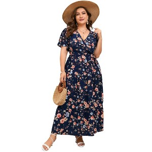 BLUEMING Summer Maxi Dress for Plus Size Women Tie Wasit Surplice Dress Flutter Sleeve A-Line Dress - 1 of 4