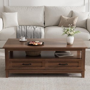 TackView 47.2" Farmhouse Coffee Table with Drawers, Rustic Wood Look Center Table with Storage for Living Room,brown - 1 of 4