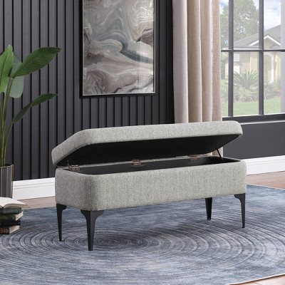 Large Gray Upholstered Storage Bench with Black Metal Legs