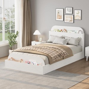 Twin Size Bed Frame, Wooden Beds with Storage Headboard and Raised-Foodboard for Kid, Low Platform Bed for Bedroom, Sturdy Wooden Slats Support - 1 of 4