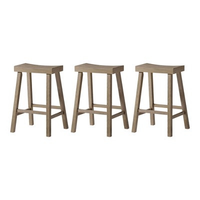 Maven Lane Vincent Backless Rectangular Saddle Kitchen Stool with Rustic Wood Top Seat, Set of 3