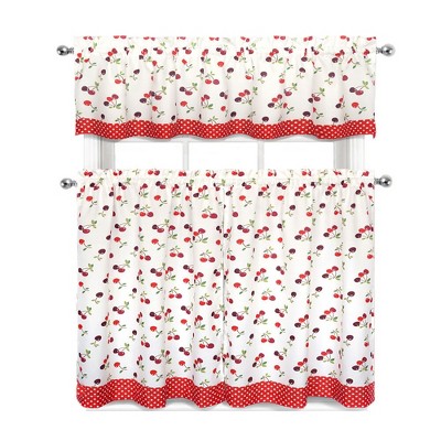 GoodGram Cherries & Polka Dots Complete 3 Piece Kitchen Curtain Tier & Valance Set - 58 in. W x 14 in. L