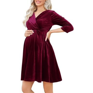 Clearlove Women's Velvet Maternity V-Neck A-Line Dress Stretchy Nursing Gown Elegant Bump Burgundy M