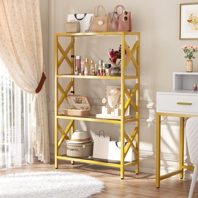 Aheaplus 3 Tier Bookshelf with Tempered Glass Shelf, Metal Frame Storage Shelf with LED Light