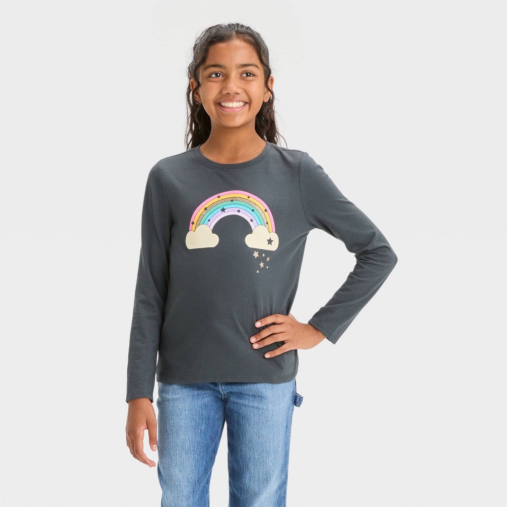 Girls' Long Sleeve 'Rainbow' Graphic T-Shirt - Cat & Jack™ Charcoal Gray L pack of 2 