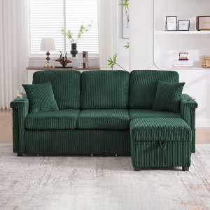 Mocamel Corduroy L-Shaped Sofa Pull-Out Storage Ottoman Pillows 3-Seat USB Charging Cup Holder Convertible Design Living Room Apartment - 1 of 4