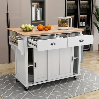 Wood Kitchen Cart with Drop-Leaf Countertop with 2 Drawers and Storage Cabinet, Wheels, Sliding Barn Door Adjustable Height