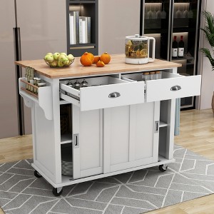 Wood Kitchen Cart with Drop-Leaf Countertop with 2 Drawers and Storage Cabinet, Wheels, Sliding Barn Door Adjustable Height - 1 of 4