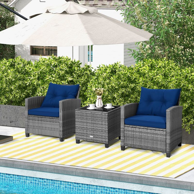 Costway 3PCS Patio Rattan Furniture Bistro Set Cushioned Sofas Side Table Armrest, 5 of 11