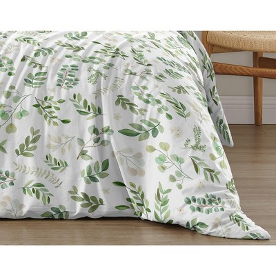 Botanical Green and White Cotton Queen Duvet Cover Set