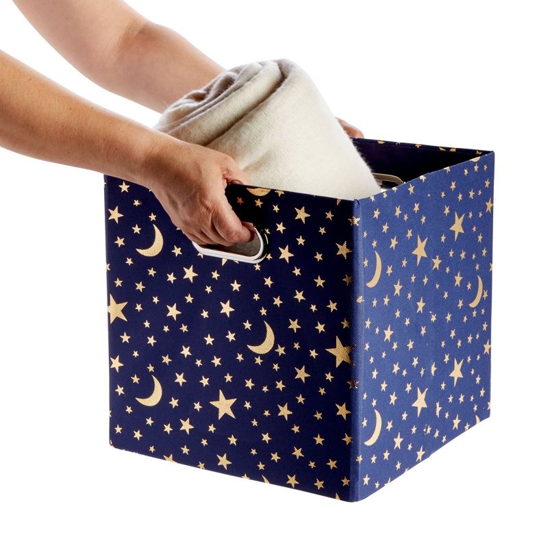 Okuna Outpost 4 Pack Fabric Storage Cube Bins, Cube Organizer, Blue with Gold Moons and Stars (11 x 11 in), 4 of 10