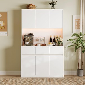 TROPOW Kitchen Pantry Storage Cabinet, Tall Storage Cabinet with Doors and Shelves, Kitchen Storage Hutch with Microwave Stand, Led Lights - 1 of 4