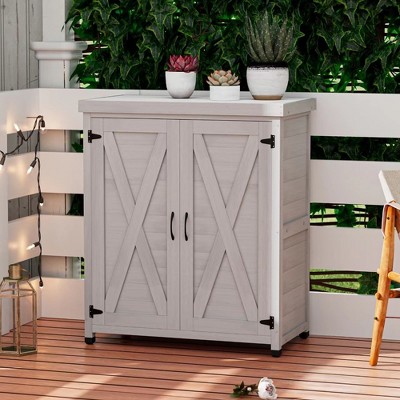 LOVMOR Potting Bench with Storage Cabinet and Metal Table Top for Outdoor Patio