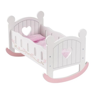 ROBOTIME Wooden Doll Cradle Rocking Baby Crib Bed Toys for Dolls Girl Boy Gift Fits Dolls up to 18" Birthday Present, White Pink,7.39''*13.4''*12.6''
