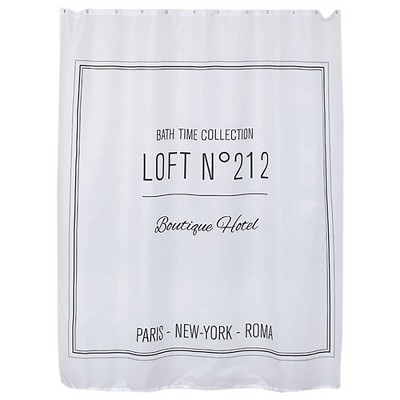 Extra Long White Polyester Shower Curtain with Black Writing Design