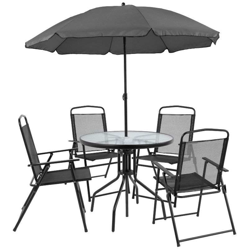 Emma and Oliver 6 Piece Patio Garden Set with Table, Umbrella and 4 Folding Chairs, 1 of 16