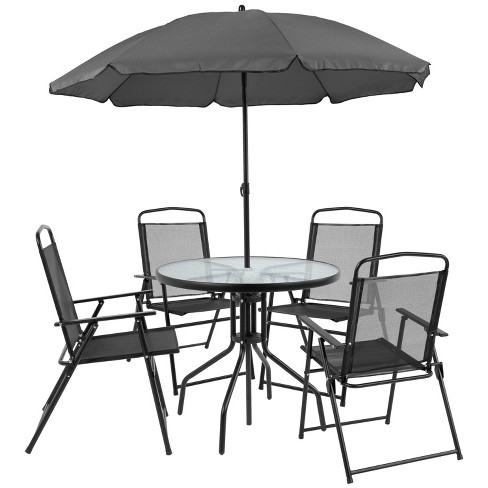 Flash Furniture Nantucket 6 Piece Black, Patio Table And Chairs With Umbrella