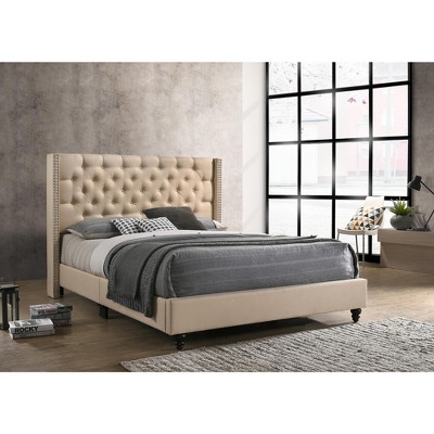 Elegant Beige Velvet Tufted Queen Bed with Nailhead Trim