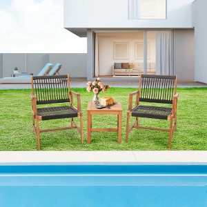 Costway Patio 3pcs  Acacia Wood Outdoor Furniture  Bistro Set All-Weather Rope Woven - 1 of 4