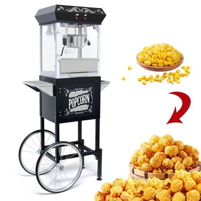 INFURNIC Popcorn Poppers Popcorn Machine with Cart 8 Oz Stainless Steel Kettle and Heated Warming Deck, Black, 26.97"*17.72"*53.82"