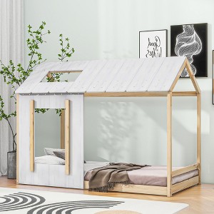 Twin Size House Platform Bed With Roof And Window No Box Spring Needed Modern Twin Size Bed Frame For Bedroom, White+Natural - 1 of 4