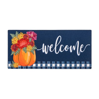 Fall Welcome Mat with Pumpkin and Mums Design