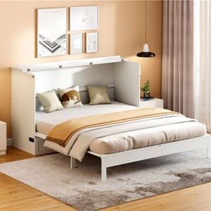 Queen Size Murphy Bed with USB Port and Storage Drawers, Foldable Wood Cabinet Bed for Guest Room-Baofuwish - 1 of 4