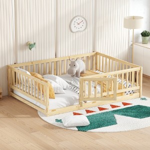 NicBex Twin/Full Size Floor Bed,Montessori Floor Bed with Fence and Door,Wood Floor Bed for Kids,Girls,Boys,Wood Slats Support - 1 of 4