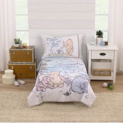 Disney Classic Winnie the Pooh Light Blue, Green, and Yellow, Snuggly Sort of Day 4 Piece Toddler Bed Set