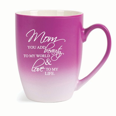 Elanze Designs Mom You Add Beauty To My World & Love To My Life Two Toned Ombre Matte 10 ounce New Bone China Coffee Tea Cup Mug, Pink and White