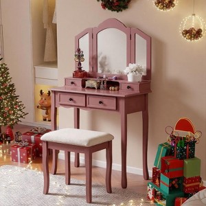 ORRD Wooden Vanity Makeup Table Set with Mirror & Stool, 4 Drawer Dressing Table, Beveled Mirror & Upholstered Bench，Rose Gold - 1 of 4
