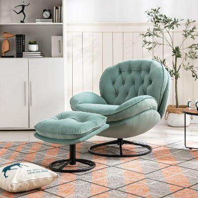 CAVINAS Modern Velvet Accent Chair with Ottoman, Armless Upholstered Lounge Chair with Black Metal Legs for Living Room or Bedroom