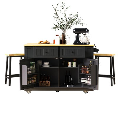 APRILSOUL 48" Large Kitchen Island with Drop Leaf, Internal Storage Rack, Rolling Cart on 5 Wheels, 5 Open Side Racks, Kitchen/Dining Room
