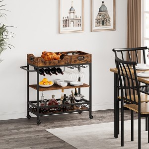 Tray Style Service Cart - 3 Tier Grey Bar Cart with Wheels, Wine Rack & Glasses Holder,Industrial Serving Cart for Kitchen, Living Room, Dining Room - 1 of 4