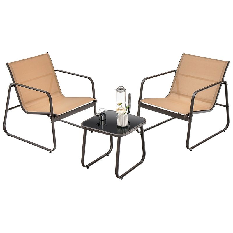 Costway 3 Pieces Patio Conversation Set Outdoor Metal Chair & Table Tempered Glass Top, 3 of 11