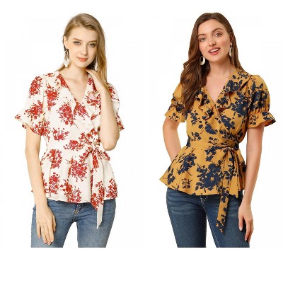 INSPIRE CHIC Women's Floral V Neck Tie Waist Belted Ruffle Wrap Shirt 2 Pcs