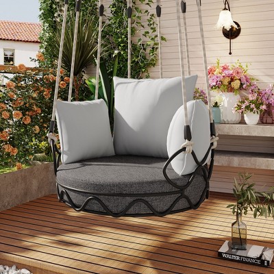 Outdoor Porch Swing Chair with UV Resistant Cushion, Hanging Basket Chair for Patio, Porch, Balcony, Beige/Gray, 300lbs Capacity - ModernLuxe