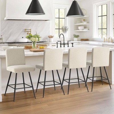 Counter Height Bar Stool Set Of 4 ,Beige Upholstered Linen Counter Stool,27 Inch Stool With Linen Back For Kitchen Island-Tanpinhause
