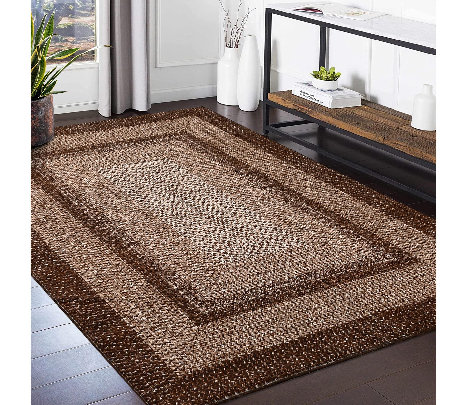 Washable Rugs 5x7 Non-Slip ¨C Boho Vintage Area Rug Low Pile Stain-Resistant Indoor Carpet with Braided Print (Brown)