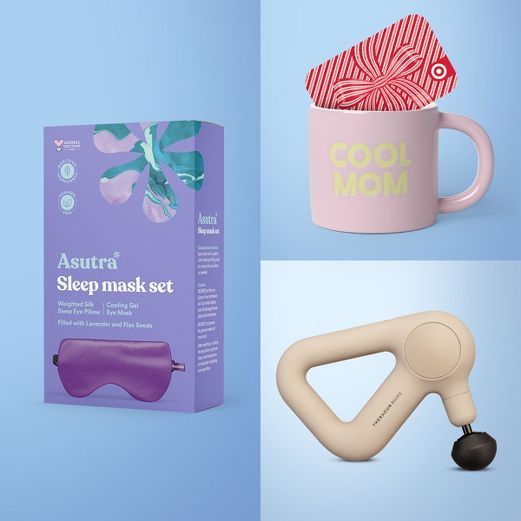 Cool mom mug with a Target gift card, a massage gun and a Asutra sleep mask.