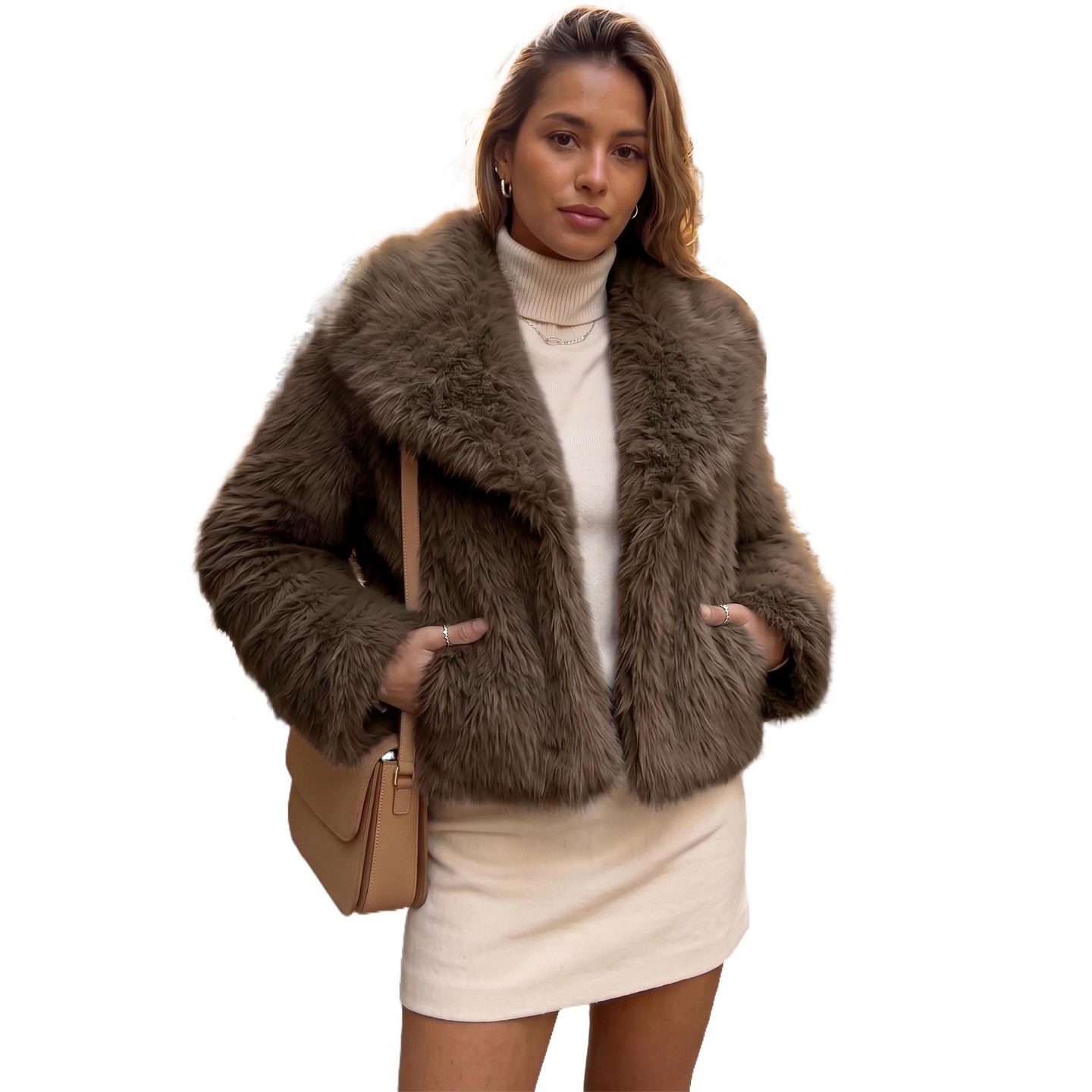 Женские куртки INSPIRE CHIC Lapel Collar Long Sleeve Shaggy Fuzzy Faux Fur Warm Casual Outerwear Coats M Brown, цвет: Коричневый — фото 1